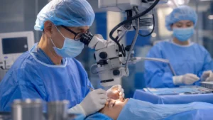 Board-certified ophthalmologist performing upper blepharoplasty surgery in a modern ophthalmology operating room with advanced microsurgical equipment in Flushing, Queens
