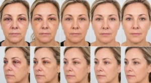 Upper blepharoplasty recovery timeline showing day-by-day healing after eyelid surgery with reduced swelling, bruising, and natural upper eyelid results over one month.

