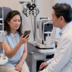 Adult patient reading a smartphone during a presbyopia eye consultation with an ophthalmologist in Flushing Queens New York
