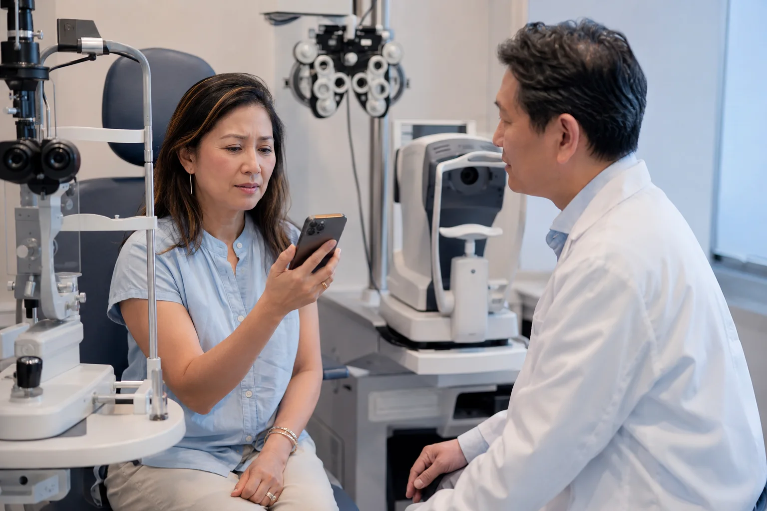 ChatGPT Image Jul 11 2026 11 48 10 PM Adult patient reading a smartphone during a presbyopia eye consultation with an ophthalmologist in Flushing Queens New York