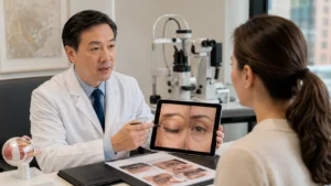 Board-certified ophthalmologist consulting with a patient about upper blepharoplasty treatment options using eyelid anatomy images in a modern ophthalmology clinic.