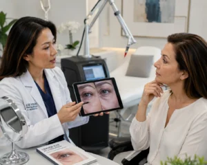 ChatGPT Image Jul 14 2026 01 35 12 AM Ophthalmologist discussing wrinkles under eyes treatment with a patient in Flushing Queens