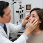 Board-certified ophthalmologist examining lower eyelid and under-eye skin of an adult patient in Flushing Queens