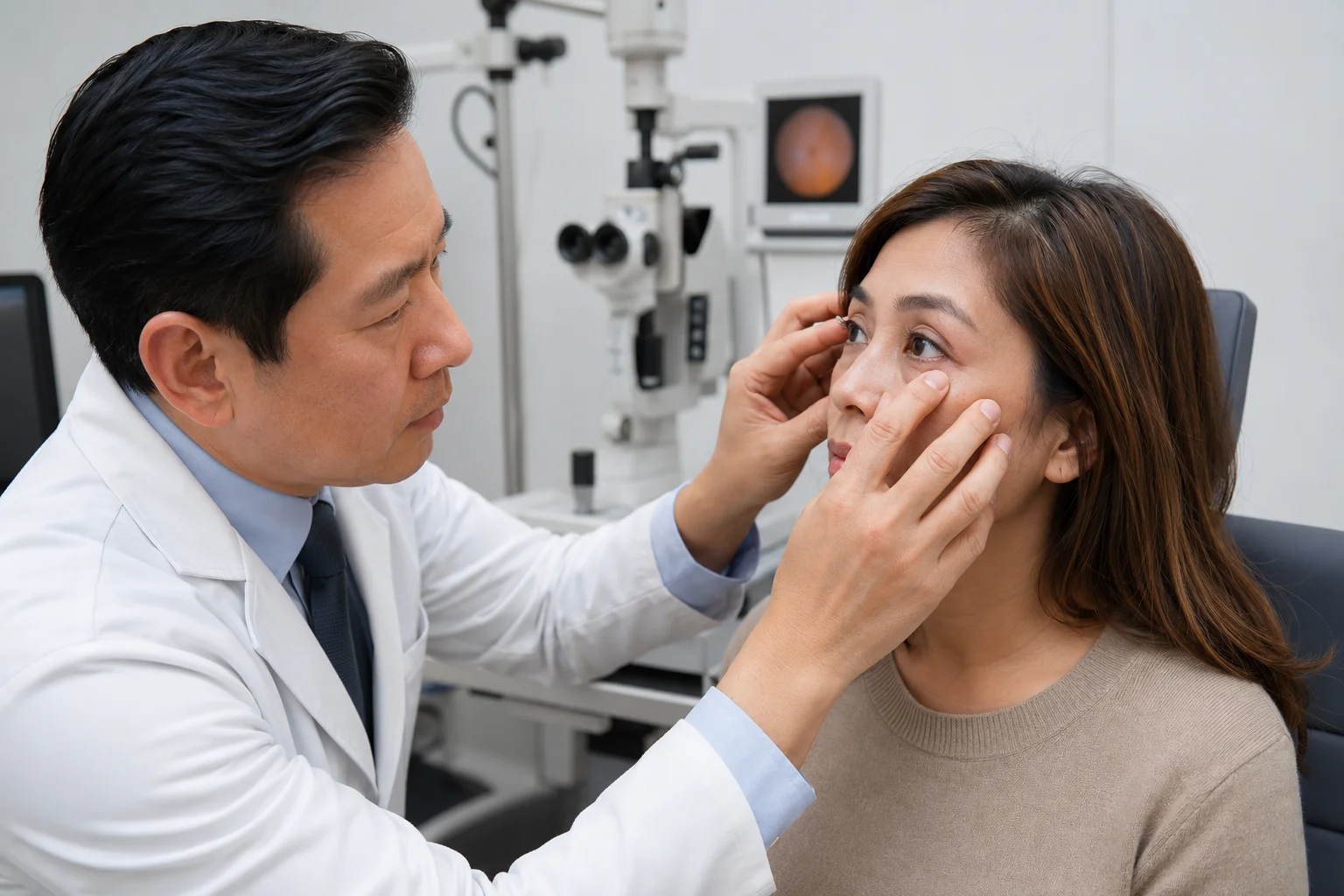 ChatGPT Image Jul 14 2026 12 44 09 AM Board-certified ophthalmologist examining lower eyelid and under-eye skin of an adult patient in Flushing Queens