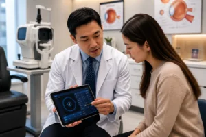 ChatGPT Image Jul 15 2026 03 47 43 AM Board-certified ophthalmologist reviewing autorefractor eye test results with patient