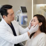 Board-certified physician performing a facial assessment during a skin rejuvenation consultation in a modern aesthetic clinic