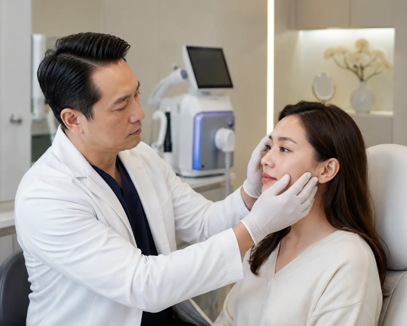 ChatGPT Image Jul 16 2026 11 45 26 PM Board-certified physician performing a facial assessment during a skin rejuvenation consultation in a modern aesthetic clinic