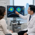 Board-certified ophthalmologist discussing LASIK treatment options with a patient while reviewing corneal imaging in a modern eye clinic in Flushing, Queens, NYC.
