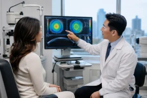 Board-certified ophthalmologist discussing LASIK treatment options with a patient while reviewing corneal imaging in a modern eye clinic in Flushing, Queens, NYC.