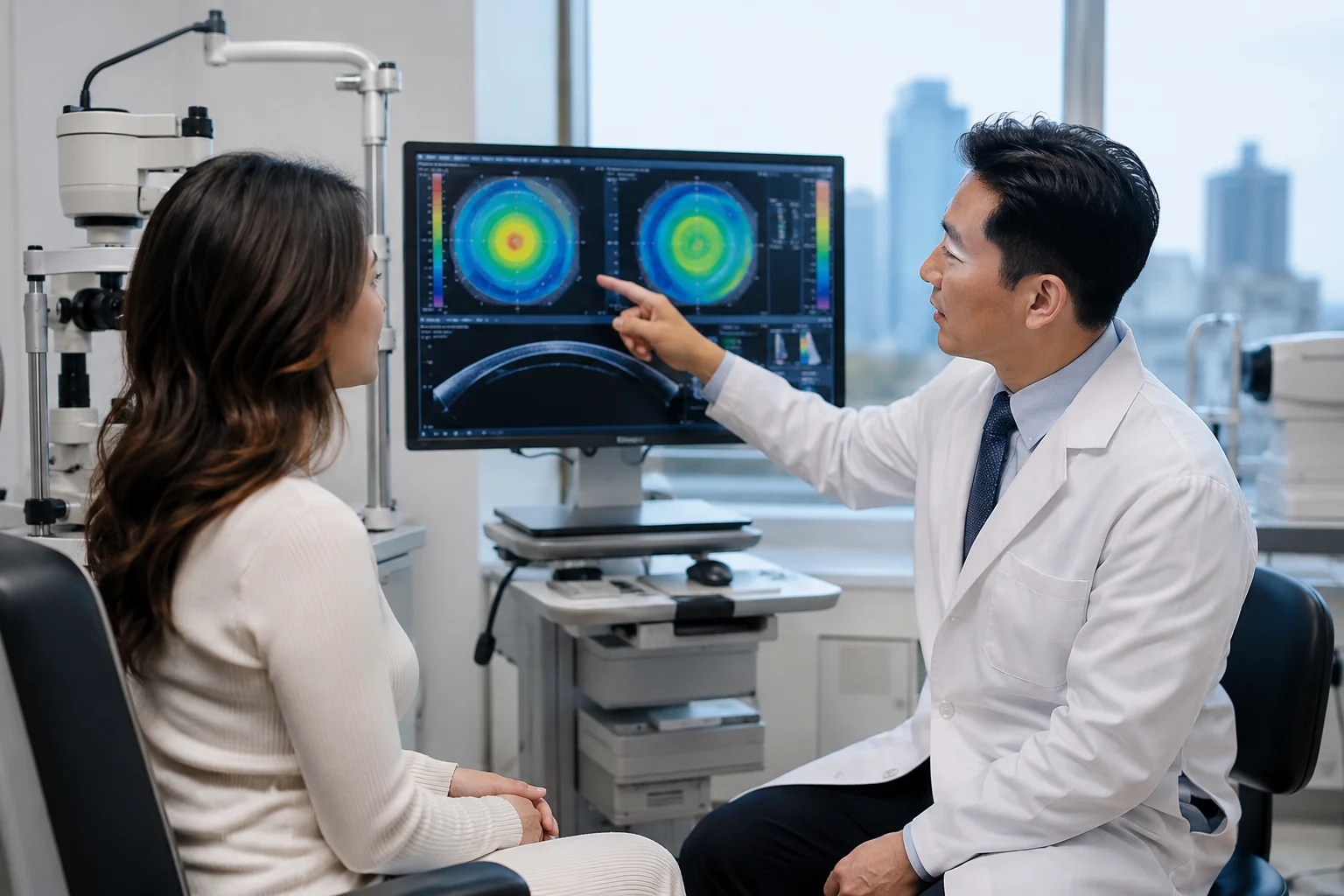 ChatGPT Image Jul 18 2026 12 11 15 AM 1 Board-certified ophthalmologist discussing LASIK treatment options with a patient while reviewing corneal imaging in a modern eye clinic in Flushing, Queens, NYC.