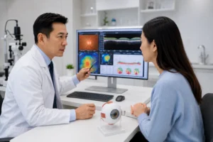 ChatGPT Image Jul 19 2026 02 16 45 AM Ophthalmologist reviewing eye pressure test results with a patient in New York City