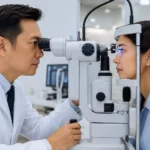 Eye pressure test performed by a board-certified ophthalmologist using advanced tonometry equipment at a modern eye clinic in Flushing, Queens, NYC