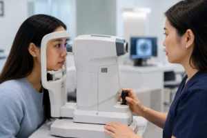 ChatGPT Image Jul 19 2026 12 58 13 AM Patient undergoing a non-contact eye pressure test during a comprehensive eye exam