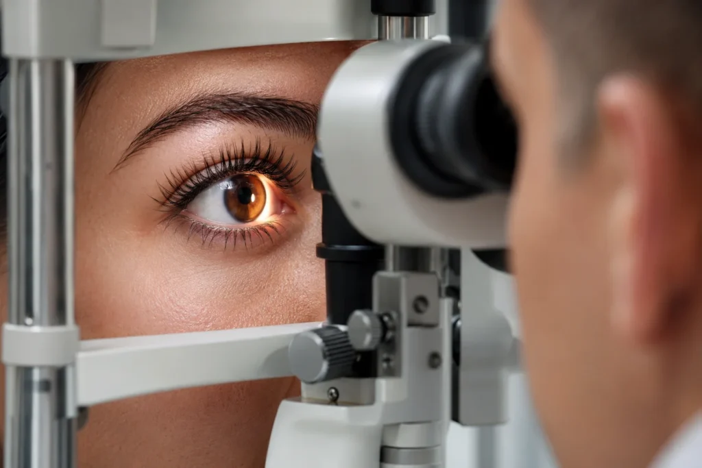 Healthy eye with naturally long eyelashes examined by a board-certified ophthalmologist using a slit lamp during a comprehensive eye exam.