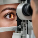 Healthy eye with naturally long eyelashes examined by a board-certified ophthalmologist using a slit lamp during a comprehensive eye exam.