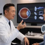 Board-certified ophthalmologist fitting bifocal multifocal contact lenses for an adult patient during a comprehensive eye exam at a modern eye clinic