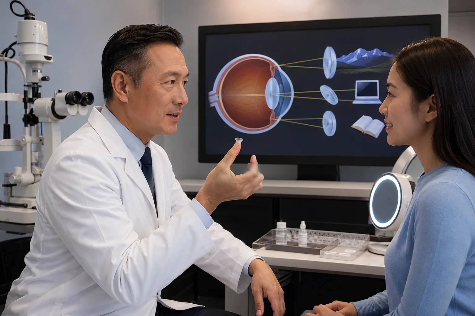 ChatGPT Image Jul 21 2026 12 01 37 AM Board-certified ophthalmologist fitting bifocal multifocal contact lenses for an adult patient during a comprehensive eye exam at a modern eye clinic