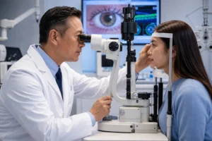 Ophthalmologist fitting bifocal multifocal contact lenses for a patient at LeeVision in Flushing Queens NYC.
