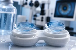 Close-up view of bifocal multifocal contact lenses designed for near and distance vision correction.