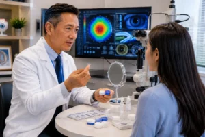 Patient undergoing a multifocal contact lens fitting during a comprehensive eye exam.
