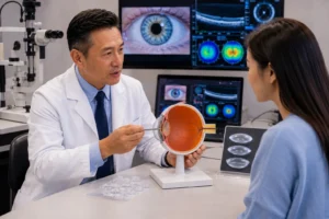 Board-certified ophthalmologist explaining how bifocal contact lenses work using an eye model.

