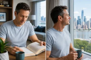 Adult wearing bifocal multifocal contact lenses while reading and viewing distant objects comfortably