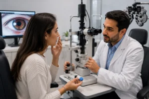 Contact lens patient discussing itchy eye symptoms with an eye doctor
