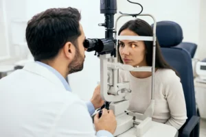 Board-certified ophthalmologist examining a patient with red itchy eyes using a slit lamp during an eye allergy evaluation