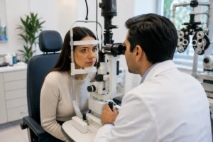 Ophthalmologist examining a patient with itchy eyes in Flushing Queens NYC
