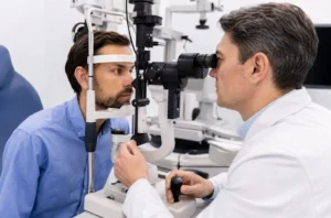 ChatGPT Image Jul 24 2026 01 08 07 AM Patient receiving a slit lamp eye exam during a comprehensive eye examination.
