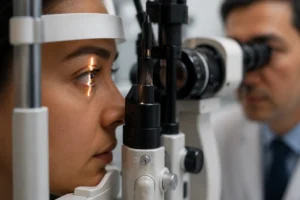 ChatGPT Image Jul 24 2026 02 38 01 AM Close-up of a slit lamp eye exam evaluating the cornea and lens.