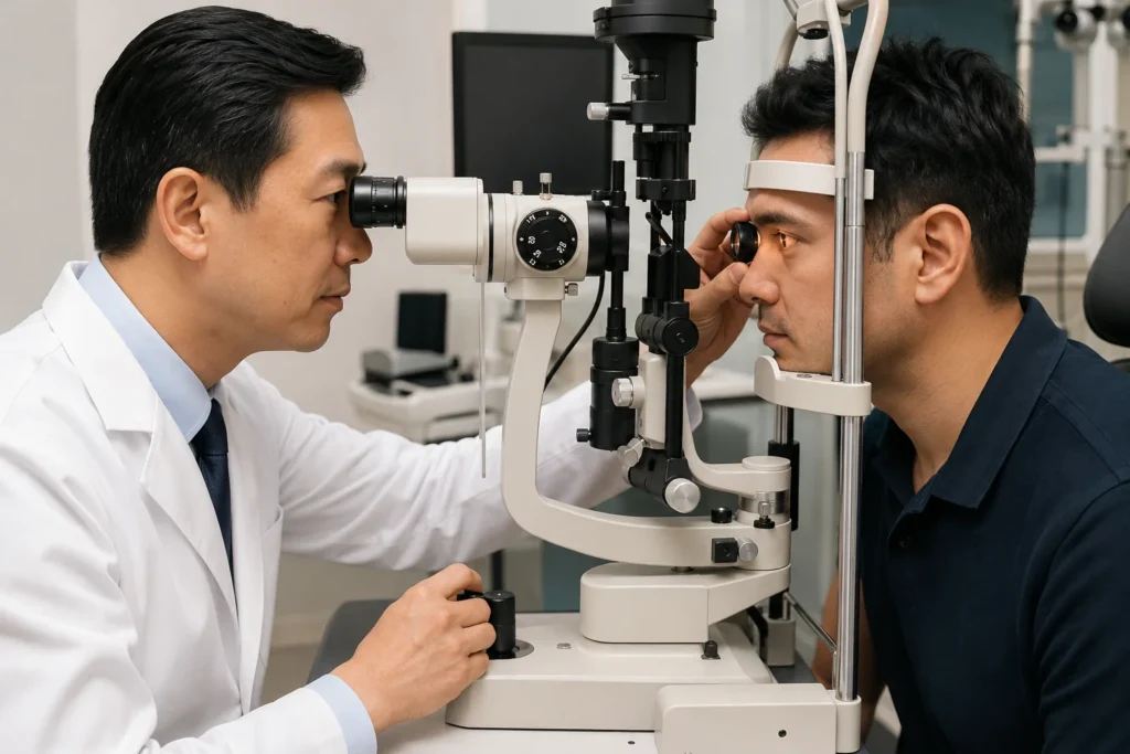 Board-certified ophthalmologist performing a slit lamp eye exam on an adult patient using a slit lamp biomicroscope at an advanced eye clinic in Flushing, Queens, NYC