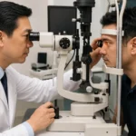 Board-certified ophthalmologist performing a slit lamp eye exam on an adult patient using a slit lamp biomicroscope at an advanced eye clinic in Flushing, Queens, NYC