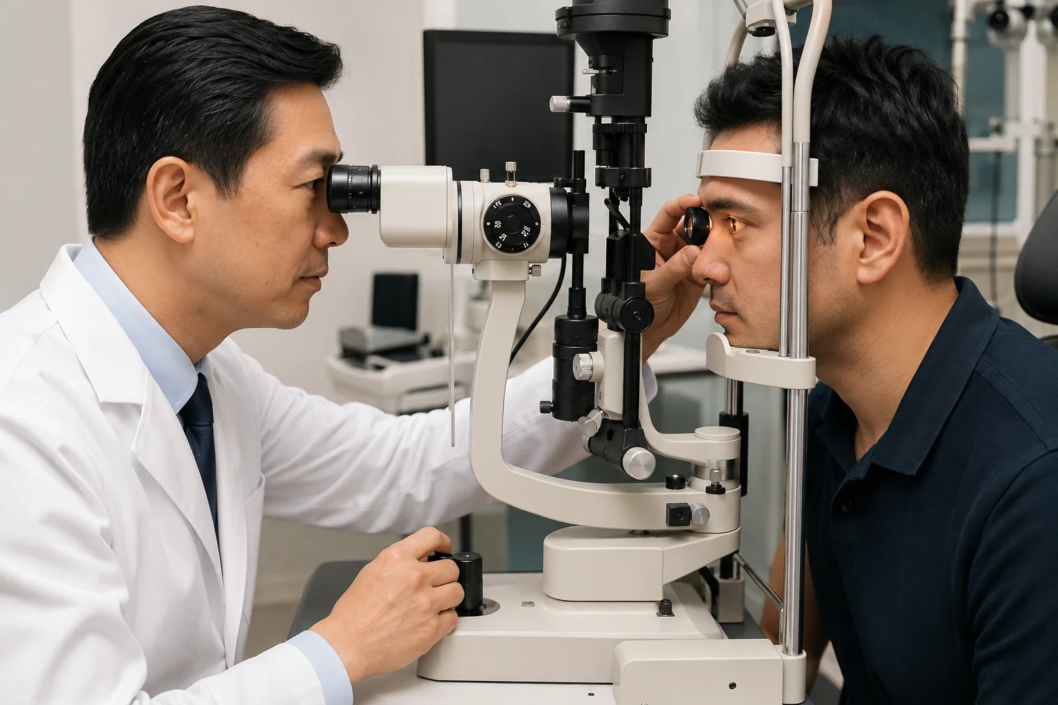 Board-certified ophthalmologist performing a slit lamp eye exam on an adult patient using a slit lamp biomicroscope at an advanced eye clinic in Flushing, Queens, NYC