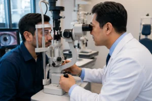 ChatGPT Image Jul 24 2026 12 53 29 AM Ophthalmologist performing a slit lamp eye exam in Flushing Queens NYC.