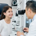 Board-certified ophthalmologist performing a comprehensive pediatric eye examination on a smiling child in a modern eye clinic in Flushing, Queens, NYC