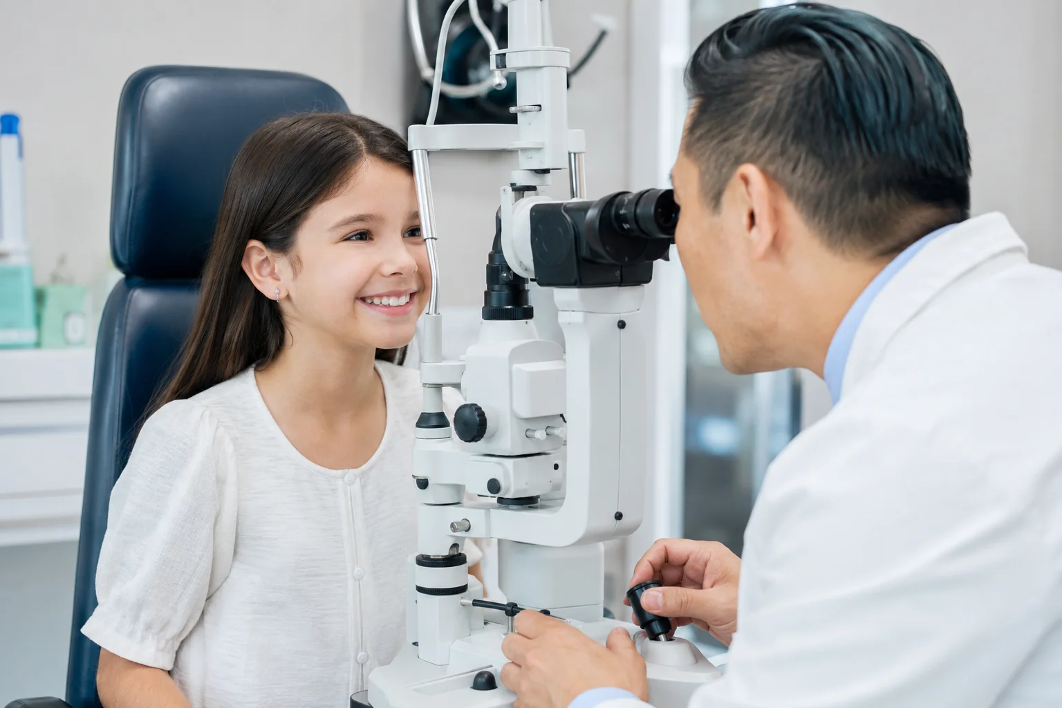 Board-certified ophthalmologist performing a comprehensive pediatric eye examination on a smiling child in a modern eye clinic in Flushing, Queens, NYC