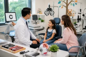 ChatGPT Image Jul 25 2026 04 12 36 AM Pediatric eye doctor near me checking a young patient's eyesight in Flushing Queens NYC