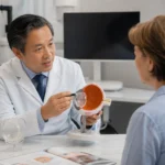 Board-certified ophthalmologist explaining a multifocal intraocular lens for cataract surgery in Flushing Queens NYC