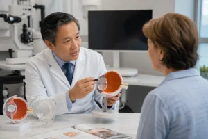 Board-certified ophthalmologist explaining a multifocal intraocular lens for cataract surgery in Flushing Queens NYC