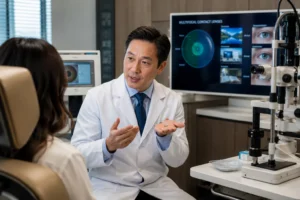 ChatGPT Image Jul 26 2026 05 08 48 AM Patient discussing what are multifocal contact lenses with an ophthalmologist in New York City