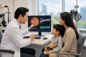 Kids eye doctor near me discussing a child's eye health with a parent at LeeVision 