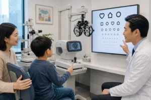 Child receiving a comprehensive vision test from a board-certified ophthalmologist