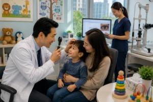 Kids eye doctor near me providing a pediatric eye examination in Flushing Queens NYC
