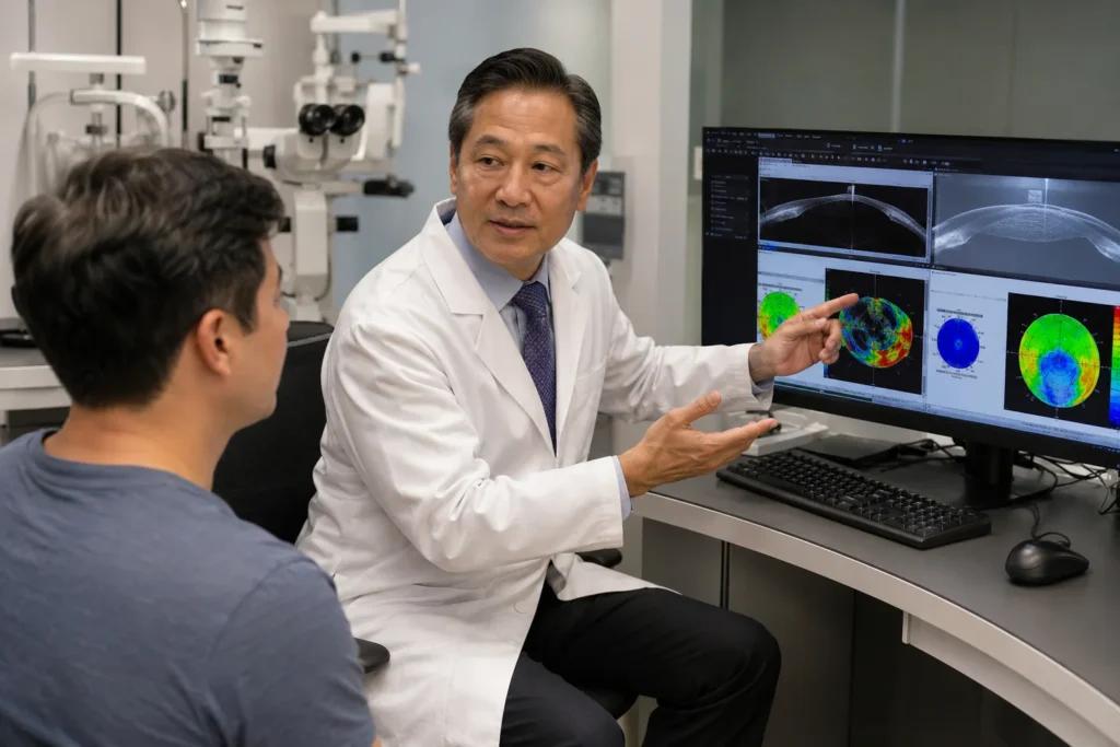 Board-certified ophthalmologist explaining is laser eye surgery safe during a LASIK consultation