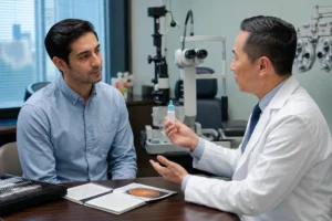 Eye drops for presbyopia consultation with multifocal contact lenses and progressive contact lenses