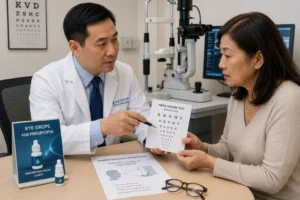Ophthalmologist evaluating near vision for a patient with presbyopia
