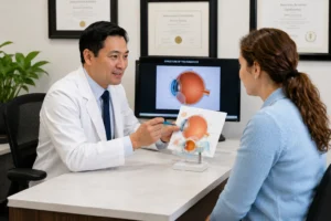 Board-certified ophthalmologist discussing eye lens replacement surgery and personalized vision correction options with a patient during a consultation.