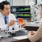 Board-certified ophthalmologist explaining glaucoma surgery options to an adult patient using an eye model and OCT scans during an eye consultation in a modern Flushing, Queens clinic.