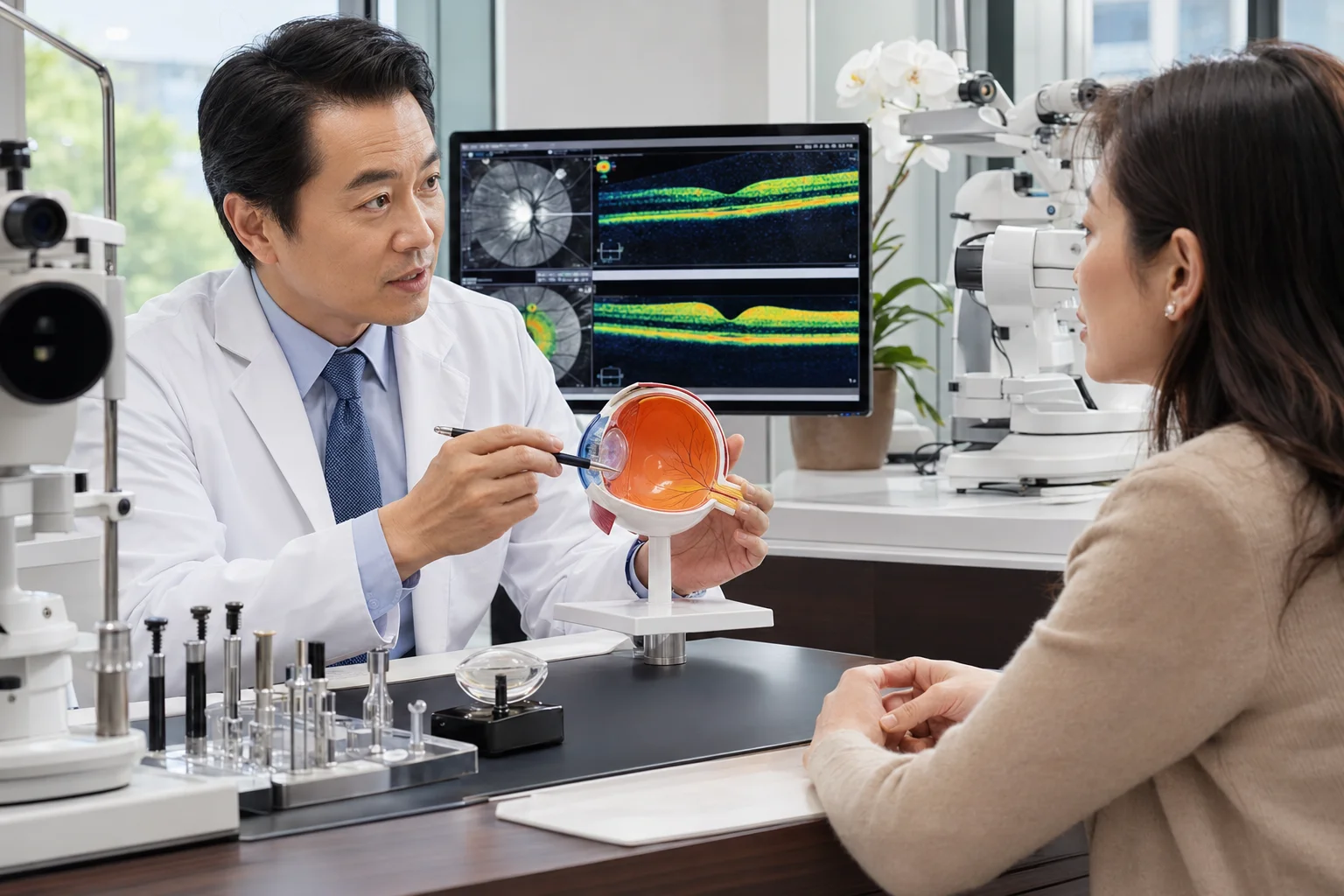 ChatGPT Image Jul 8 2026 02 40 17 AM 1 Board-certified ophthalmologist explaining glaucoma surgery options to an adult patient using an eye model and OCT scans during an eye consultation in a modern Flushing, Queens clinic.